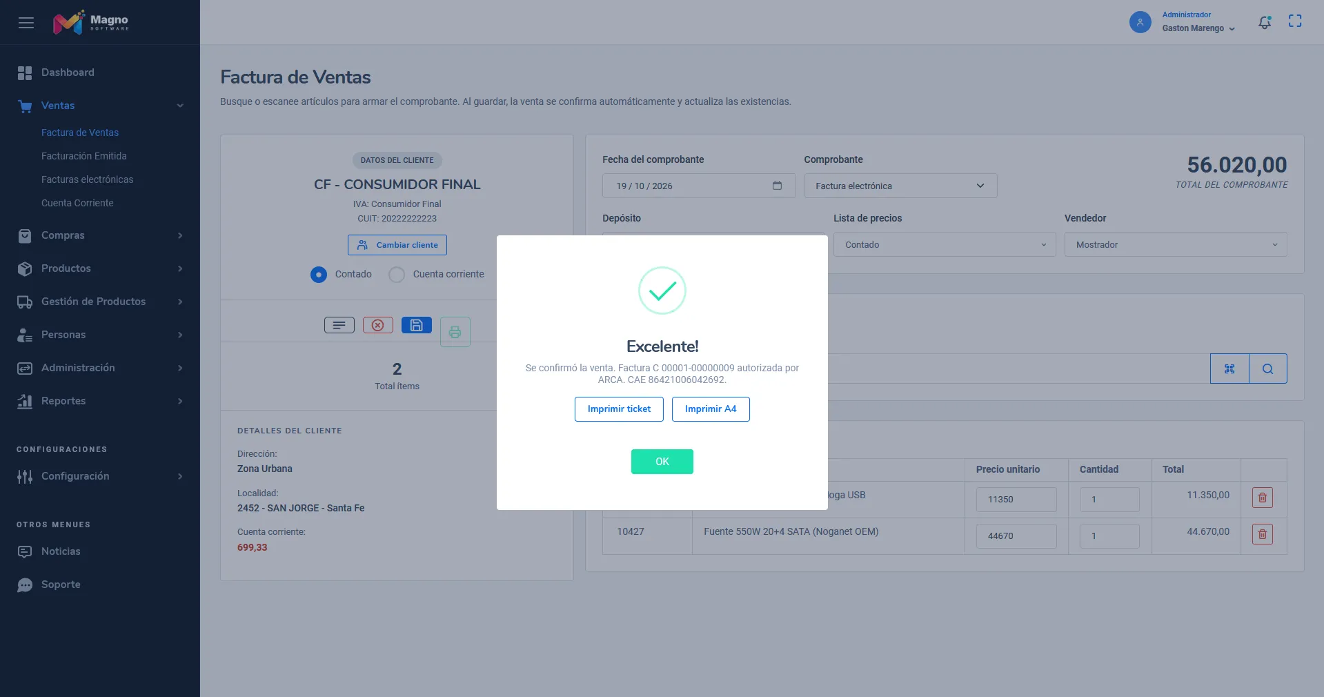 Venta confirmada con CAE de ARCA y opciones para imprimir ticket o A4
